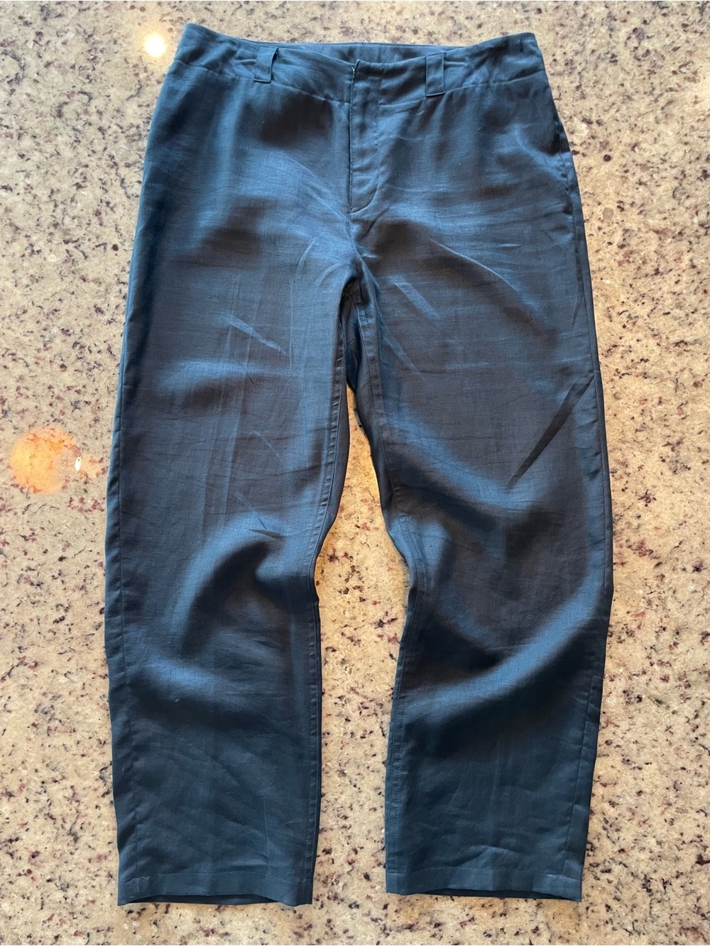 Classic washed Navy 100% linen cropped trousers 6